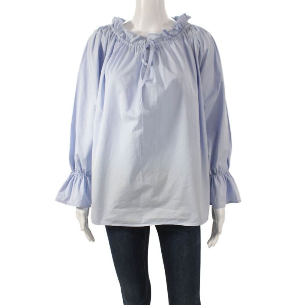Designer Women Off the Shoulder Blue Cotton Long Sleeve Basic Blouse Size 44